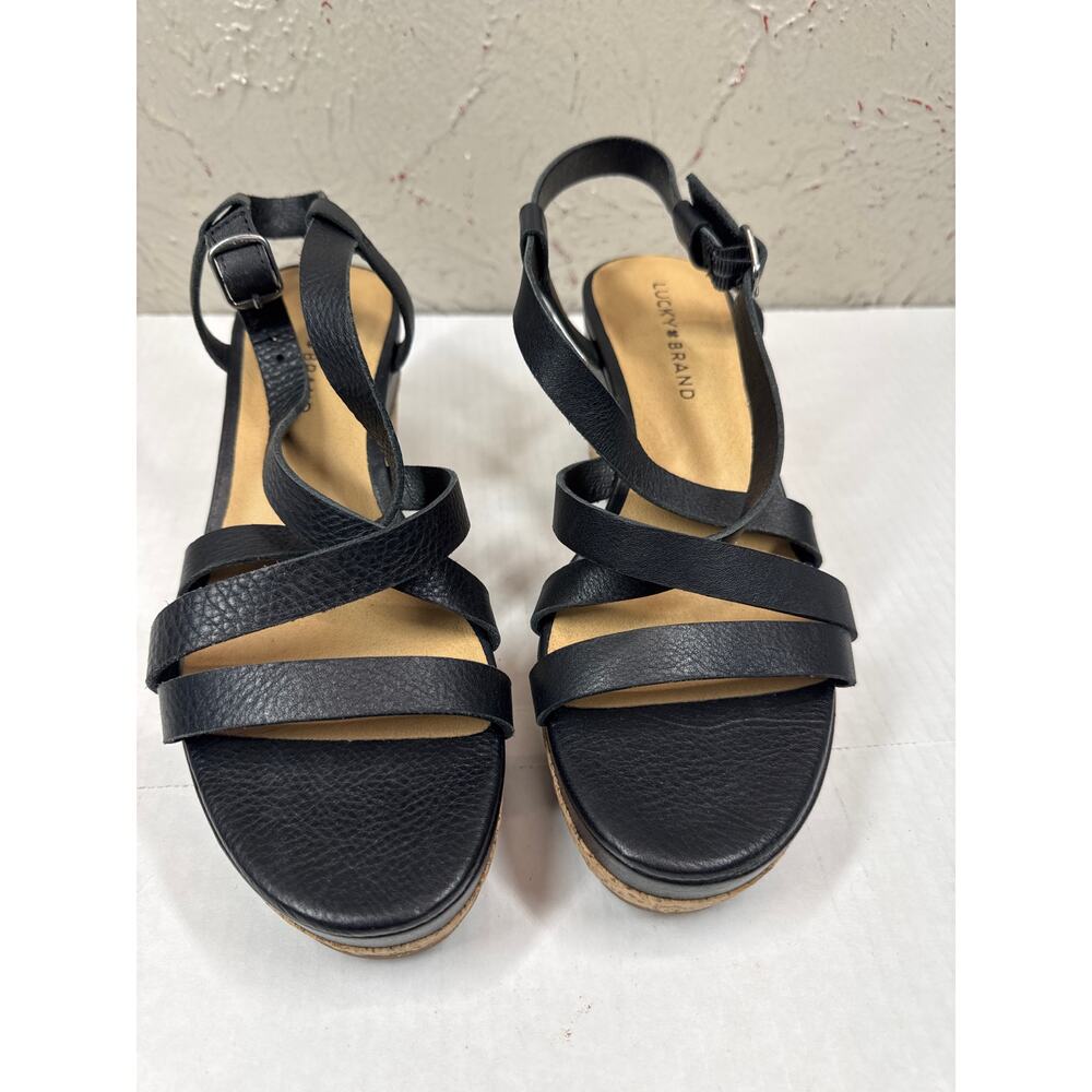 Lucky Brand Batikah Black Strappy Wedge Sandals Womens Size 9.5 NWOT